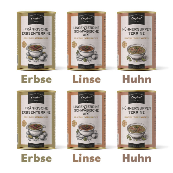 Terrinen-Set (je 2 Dosen Erbsenterrine, Linsenterrine und Hühnersuppenterrine)